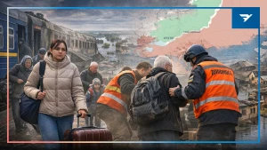 Переселенці з окупованої Херсонщини під час евакуації на підконтрольну територію України. Зображення згенероване штучним інтелектом