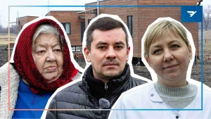 Жителька селища Марія, голова Високопільської СВА Костянтин Стародумов та директорка Високопільської лікарні Тамара Бурбеза

