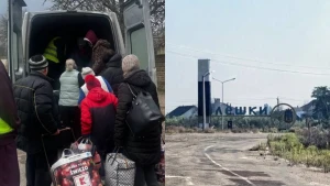 Скриншот з відео Ксенії Архіпової та фото дороги до тимчасово окупованих Олешок 