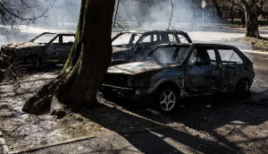 Згорілі автівки після російськї атаки у Херсоні 