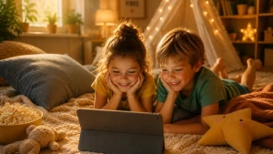 Діти дивляться англомовний мультфільм на планшеті та вивчають англійську через фільми й серіали 