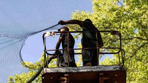 Облаштування антидронового захисту на одній з вулиць Херсона