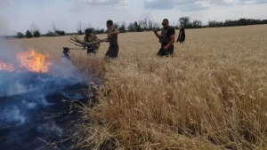 гасять пожежу на одному з полів Тягинської громади