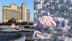 Фонтан і готель «Фрегат» до війни та російський обстріл