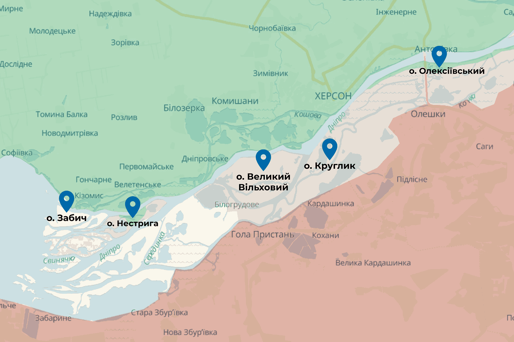 Острови в напрямку Херсона, які намагаються захопити російські війська